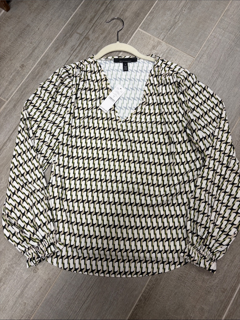 WHBM Olive and Cream Geometric V-Neck Blouse